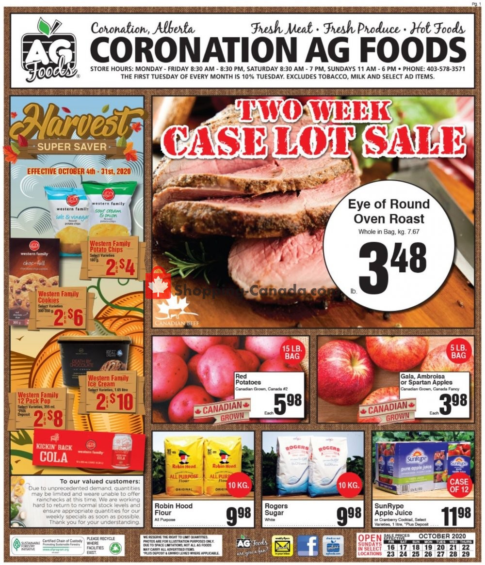 AG Foods Canada, flyer (Case Lot Sale Coronation AB) October 16