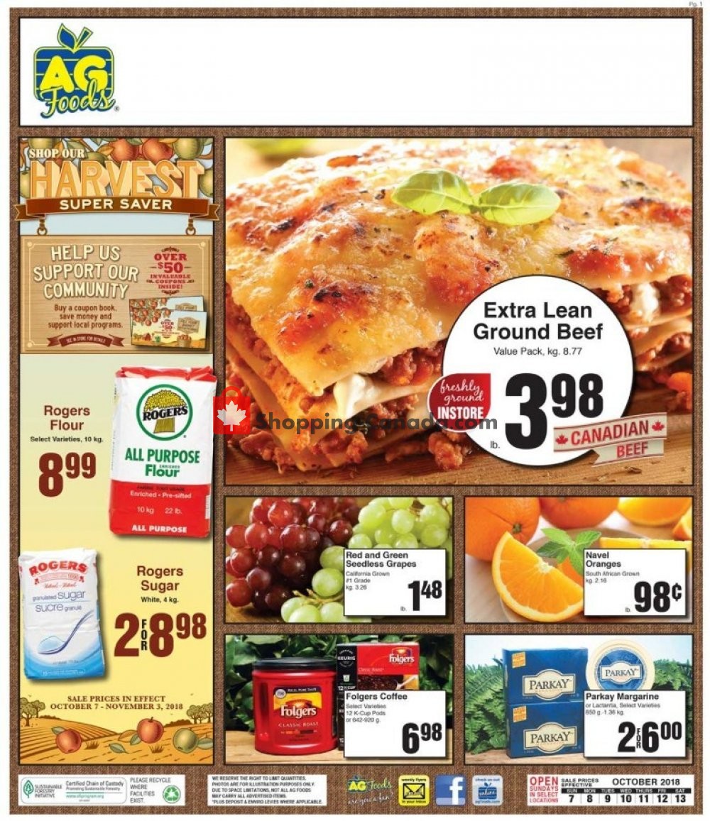 AG Foods flyer from Sunday October 7, 2018 to Saturday October 13, 2018 - page 1