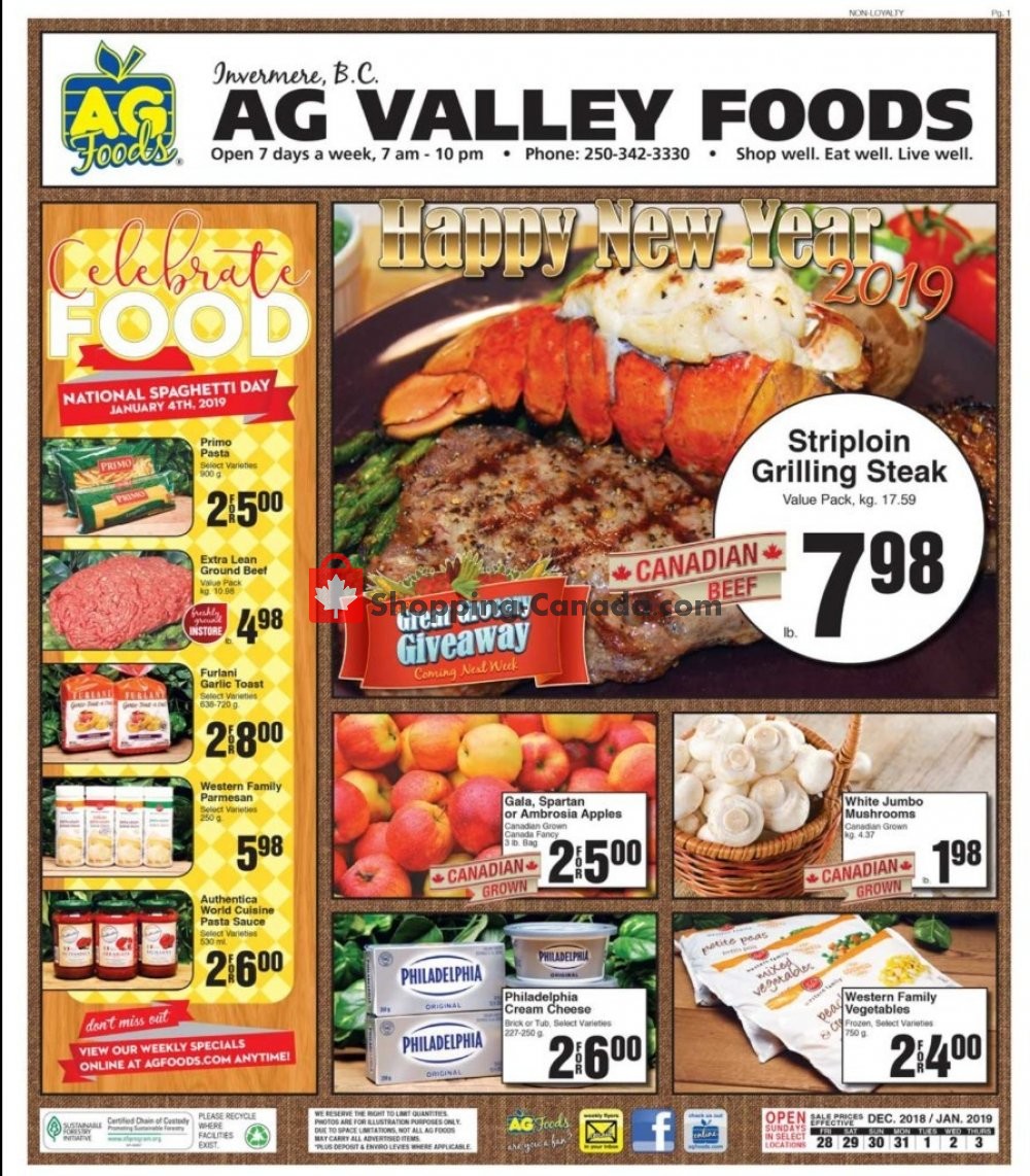 AG Foods flyer from Friday December 28, 2018 to Thursday January 3, 2019 - page 1