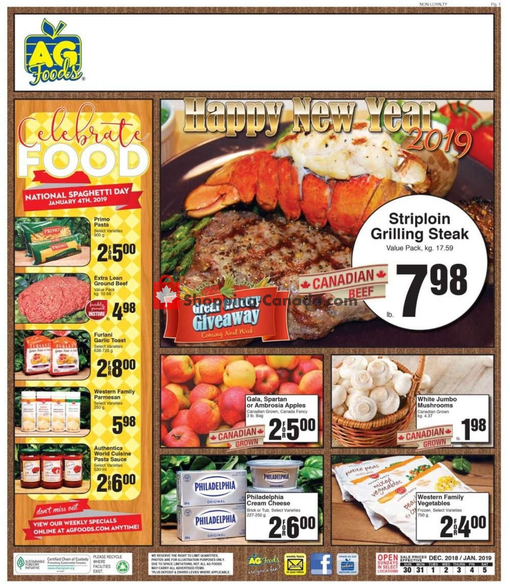 AG Foods flyer from Sunday December 30, 2018 to Saturday January 5, 2019 - page 1