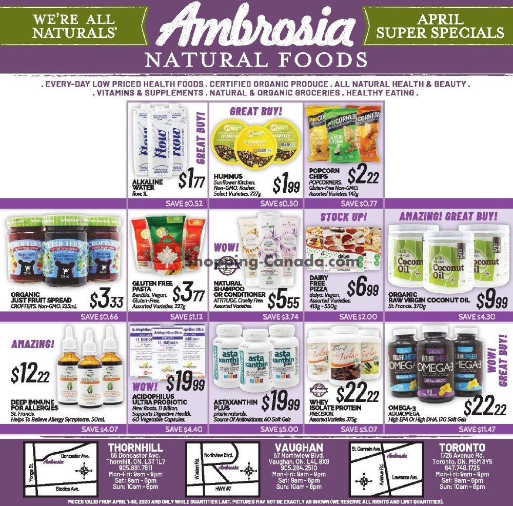 Ambrosia Natural Foods flyer from Wednesday April 1, 2020 to Thursday April 30, 2020 - page 1