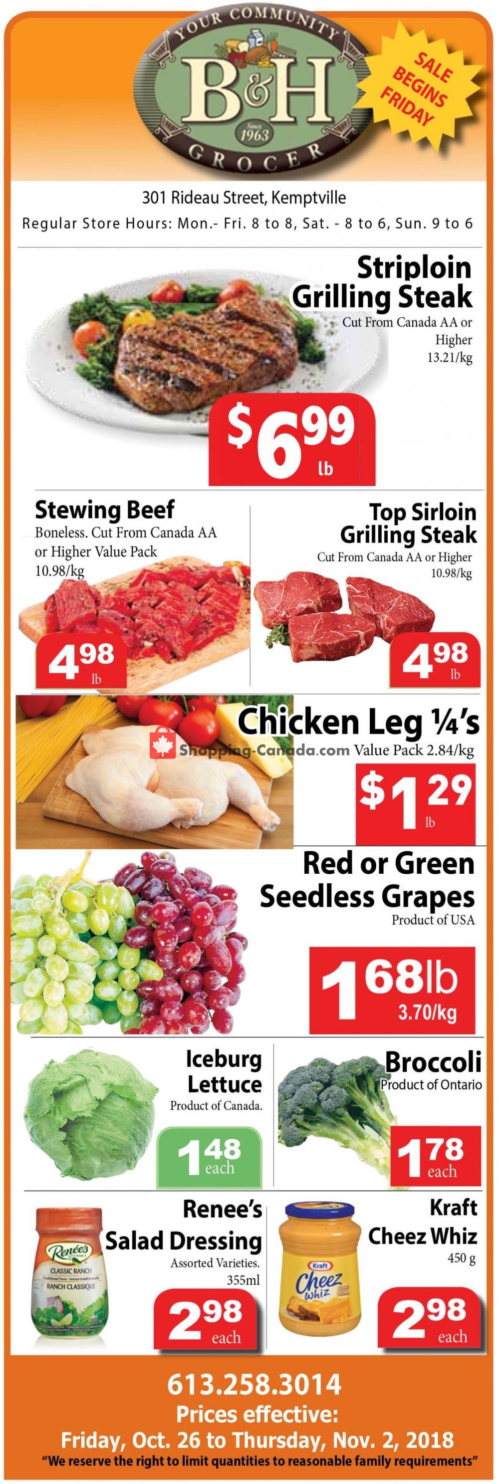 B&H YOUR COMMUNITY GROCER flyer from Friday October 26, 2018 to Friday November 2, 2018 - page 1