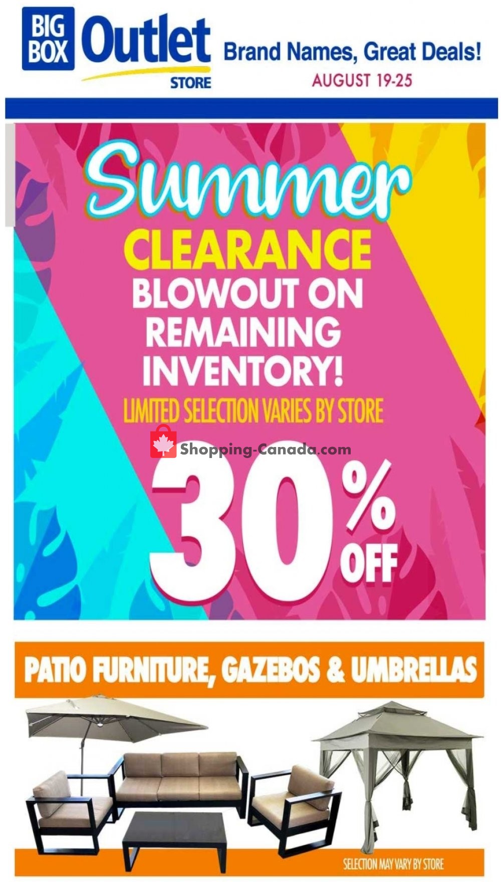 Big Box Outlet Store Canada, flyer (Summer Clearance Blowout) August 19 August 25, 2020 Big Box Outlet Store Canada, flyer (Summer Clearance Blowout) August 19 August 25, 2020