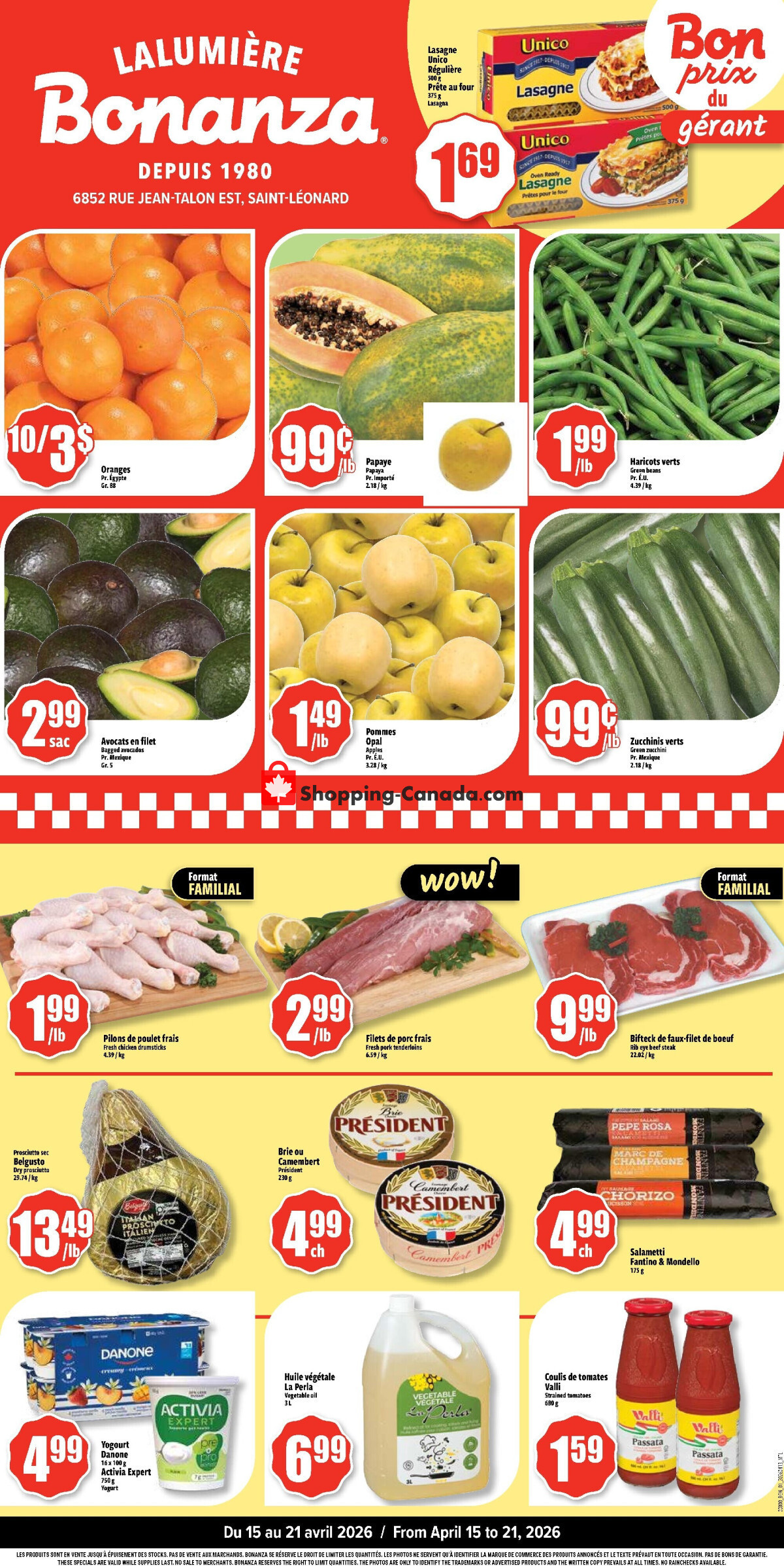 Bonanza Lalumière flyer from Wednesday April 15, 2026 to Tuesday April 21, 2026 - page 1
