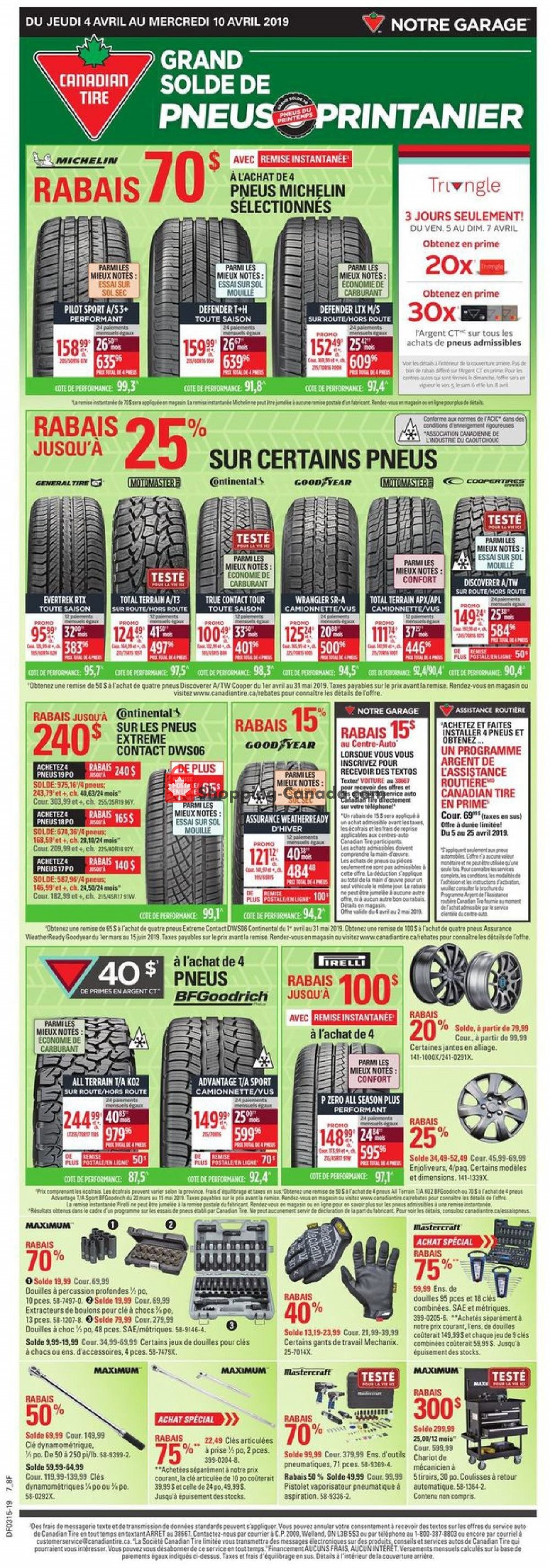 Canadian Tire Canada, flyer (Grand Solde De Pneus Printanier QC) April 4 April 10, 2019