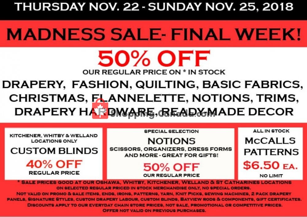 Fabricland Canada, flyer November 22 November 25, 2018 Shopping