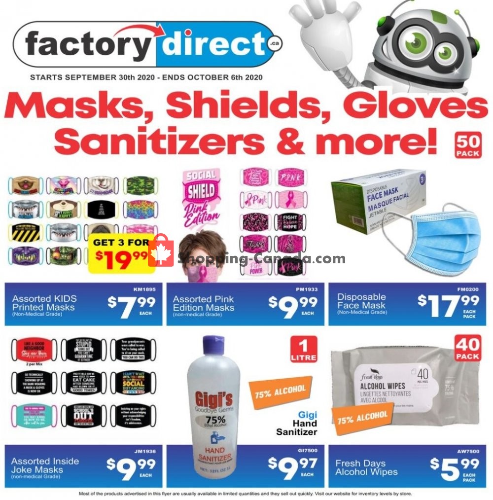 Factorydirect.ca Canada, flyer (Masks, Shields, Gloves, Sanitizers