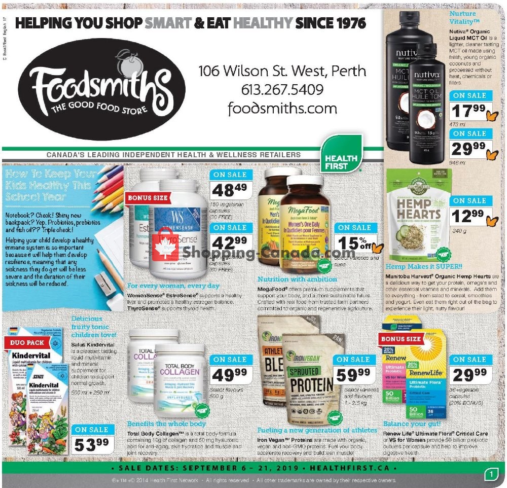 Foodsmiths flyer from Thursday September 5, 2019 to Saturday September 21, 2019 - page 1