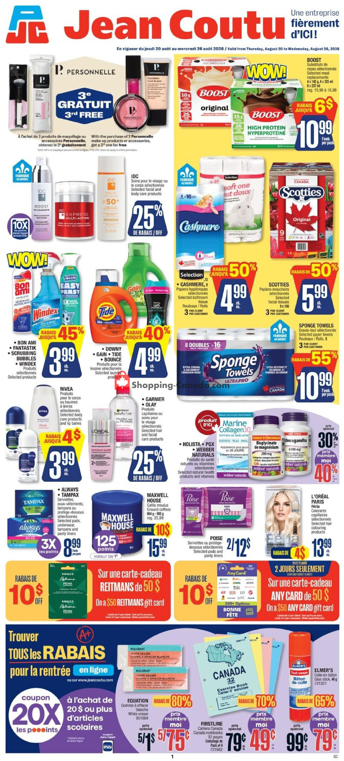 Jean Coutu Pharmacy flyer from Thursday August 20, 2026 to Wednesday August 26, 2026 - page 1