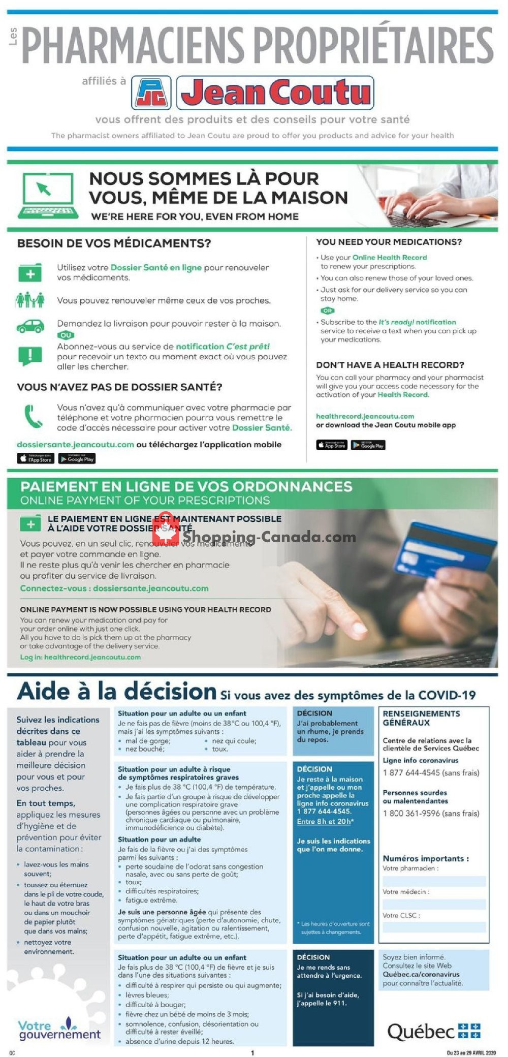Jean Coutu Pharmacy flyer from Thursday April 23, 2020 to Wednesday April 29, 2020 - page 1