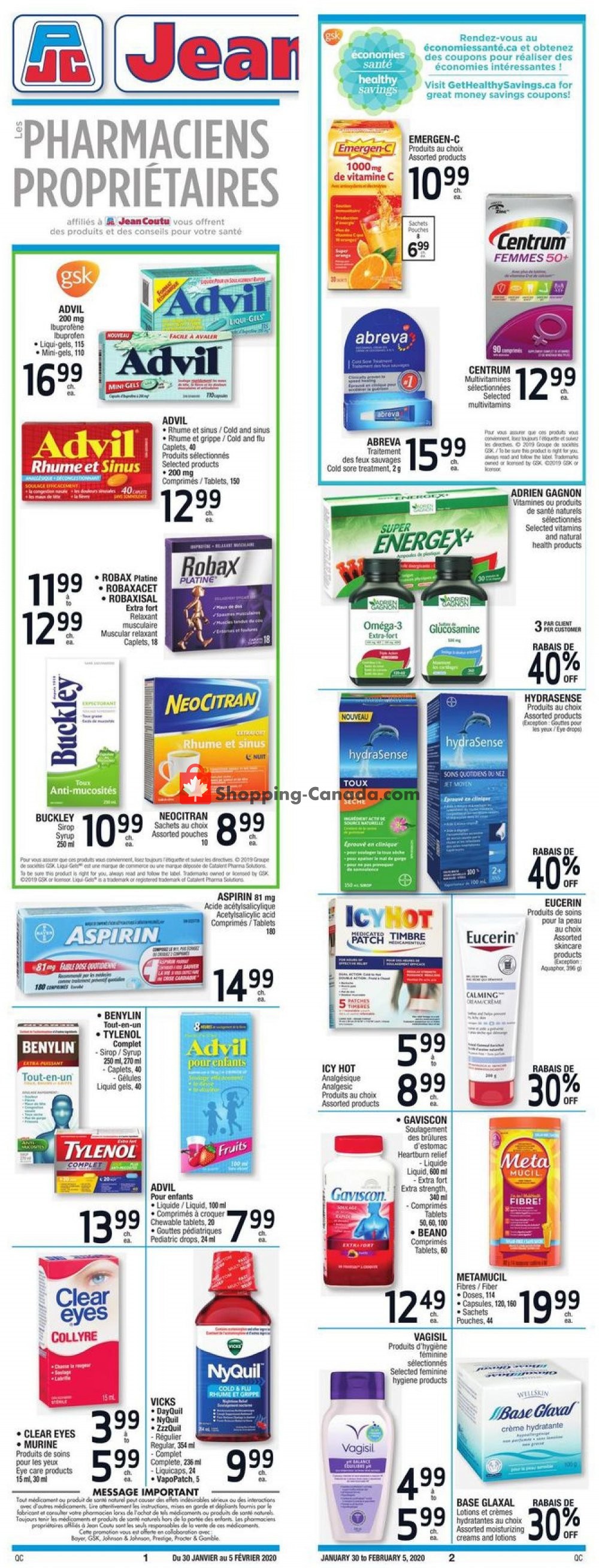 Jean Coutu Pharmacy flyer from Thursday January 30, 2020 to Wednesday February 5, 2020 - page 1