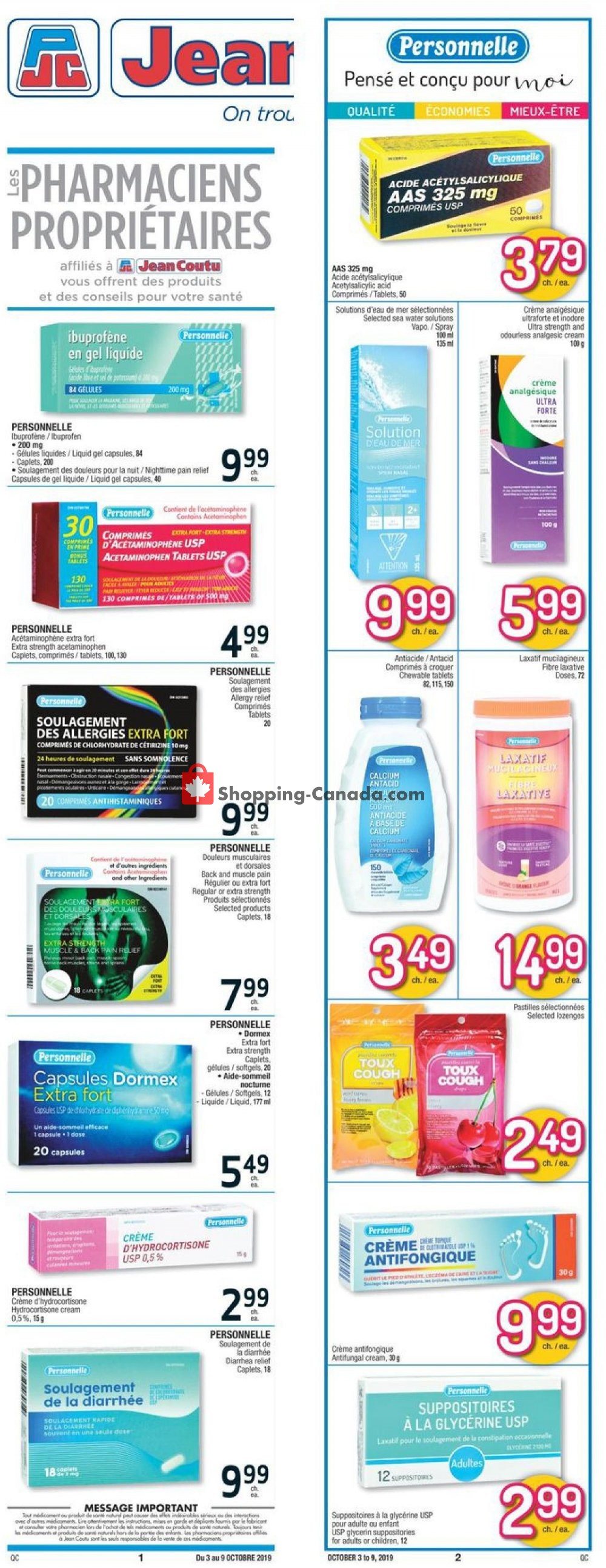 Jean Coutu Pharmacy flyer from Thursday October 3, 2019 to Wednesday October 9, 2019 - page 1