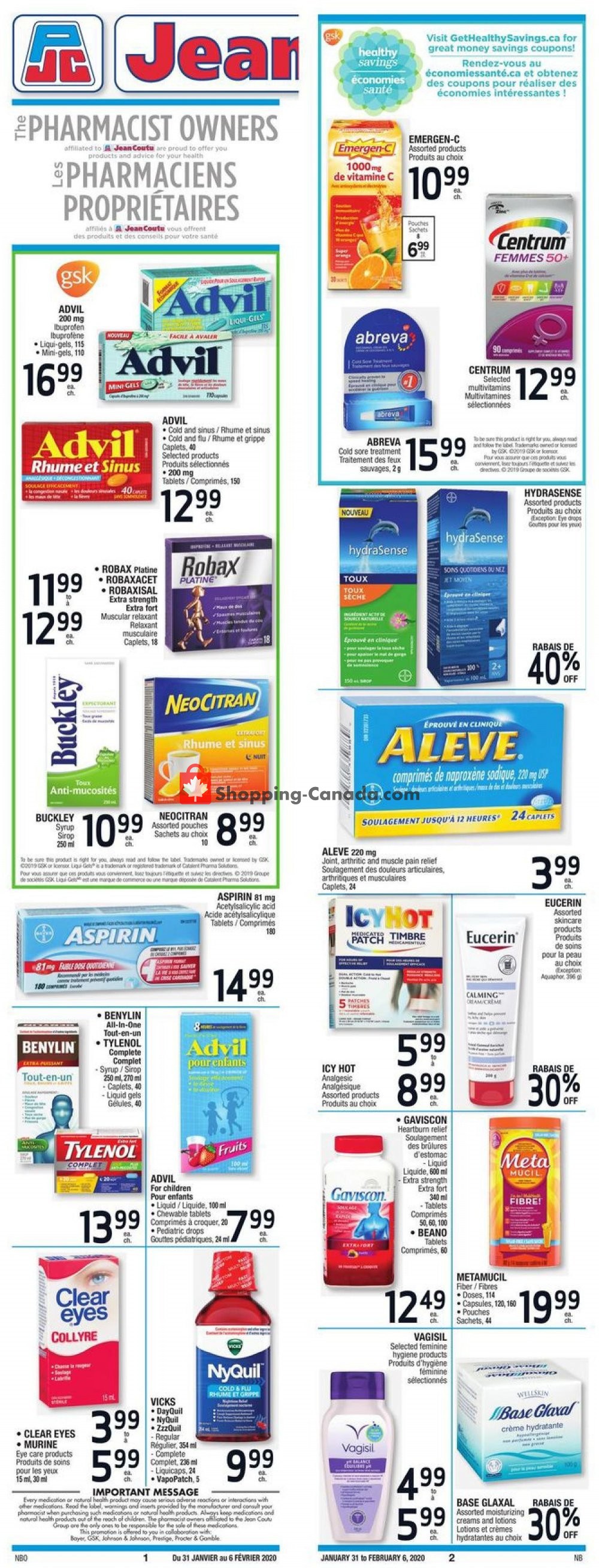 Jean Coutu Pharmacy flyer from Friday January 31, 2020 to Thursday February 6, 2020 - page 1