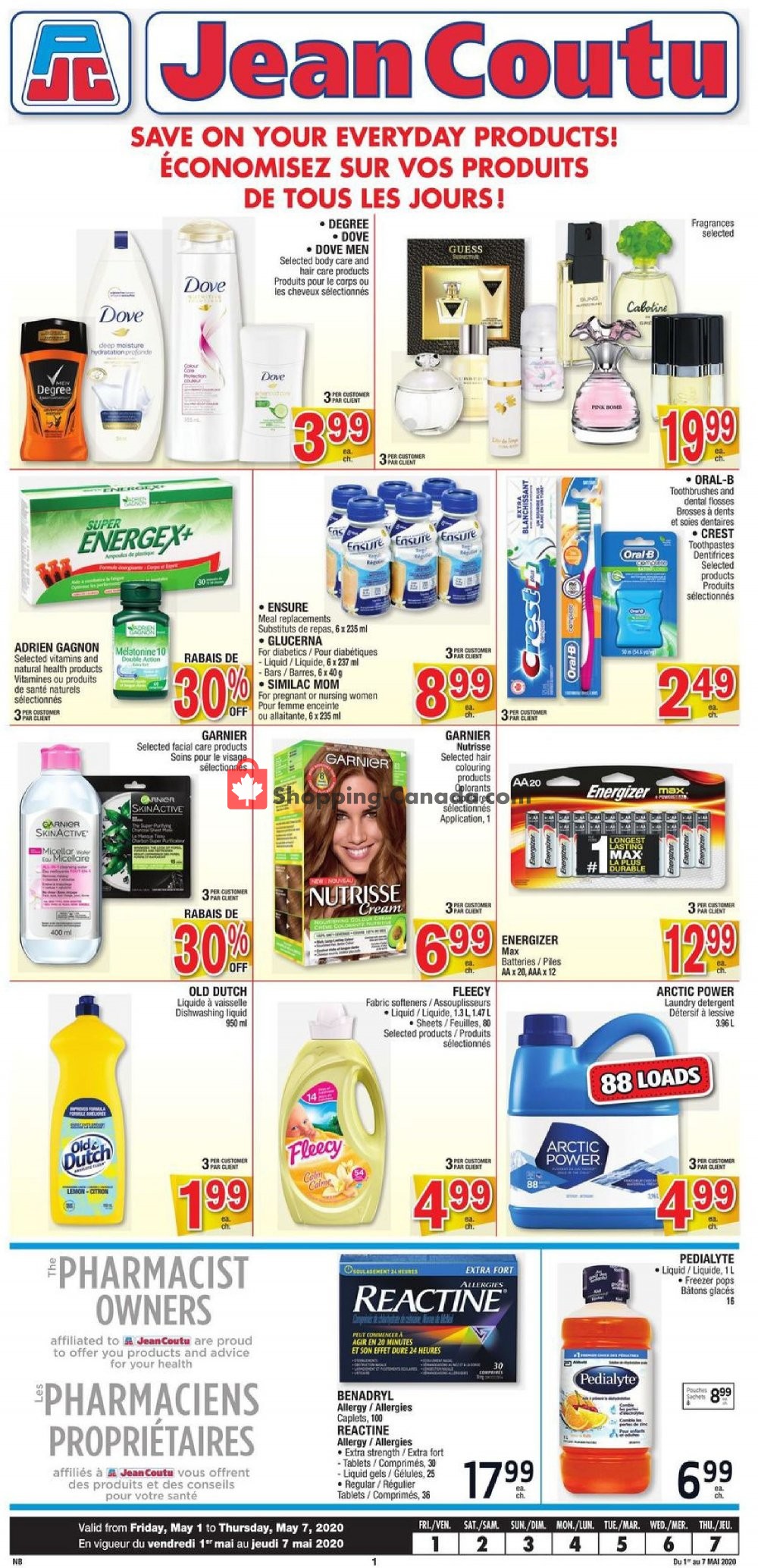 Jean Coutu Pharmacy flyer from Friday May 1, 2020 to Thursday May 7, 2020 - page 1