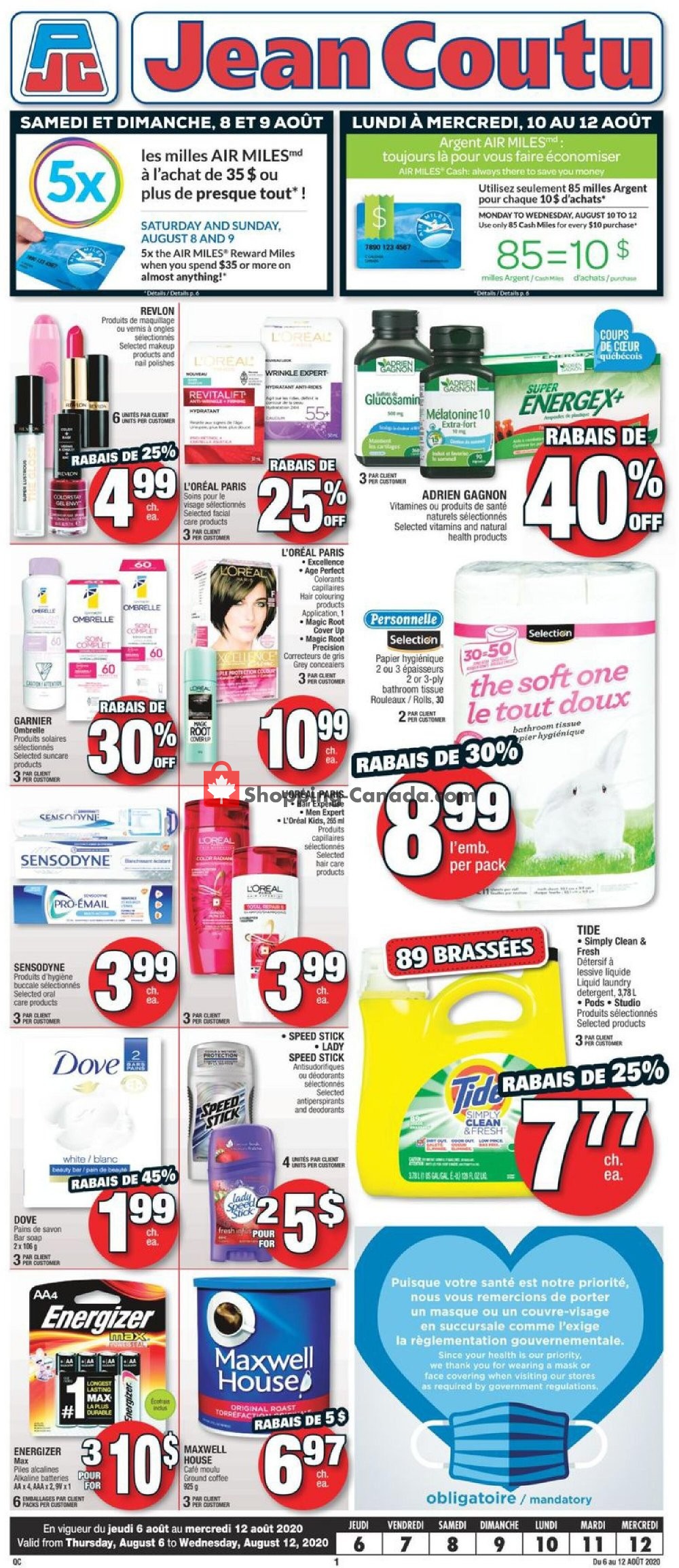 Jean Coutu Pharmacy flyer from Thursday August 6, 2020 to Wednesday August 12, 2020 - page 1