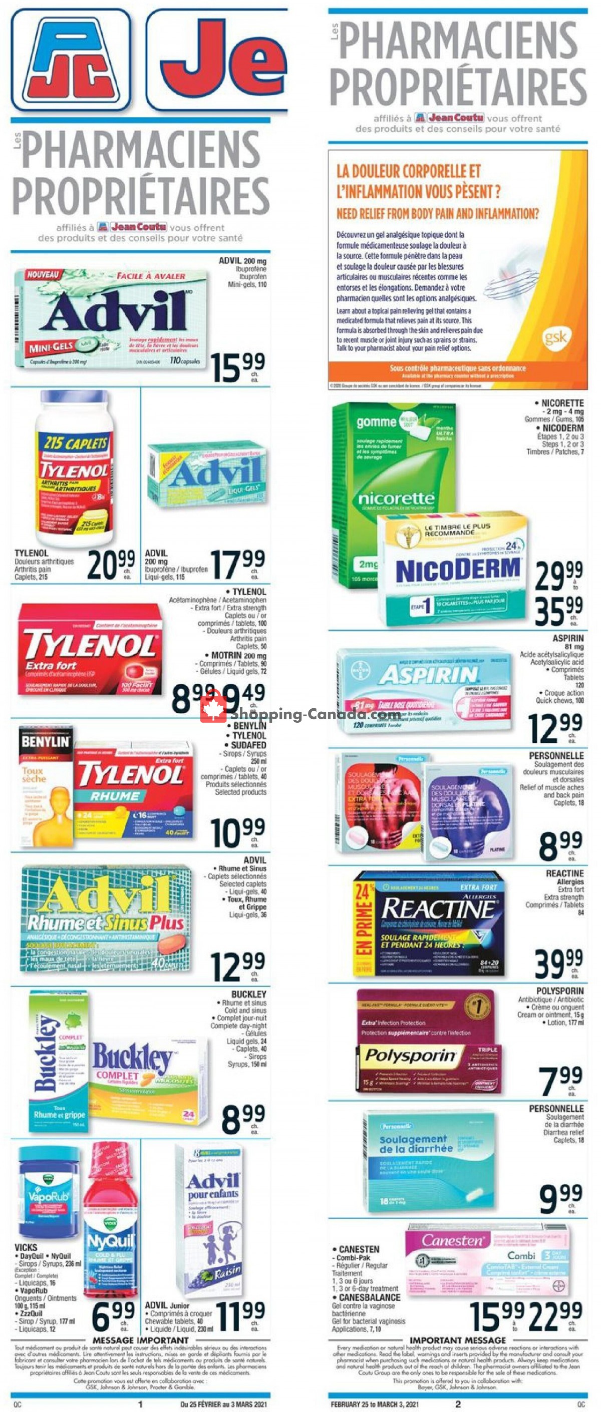 Jean Coutu Pharmacy flyer from Thursday February 25, 2021 to Wednesday March 3, 2021 - page 1