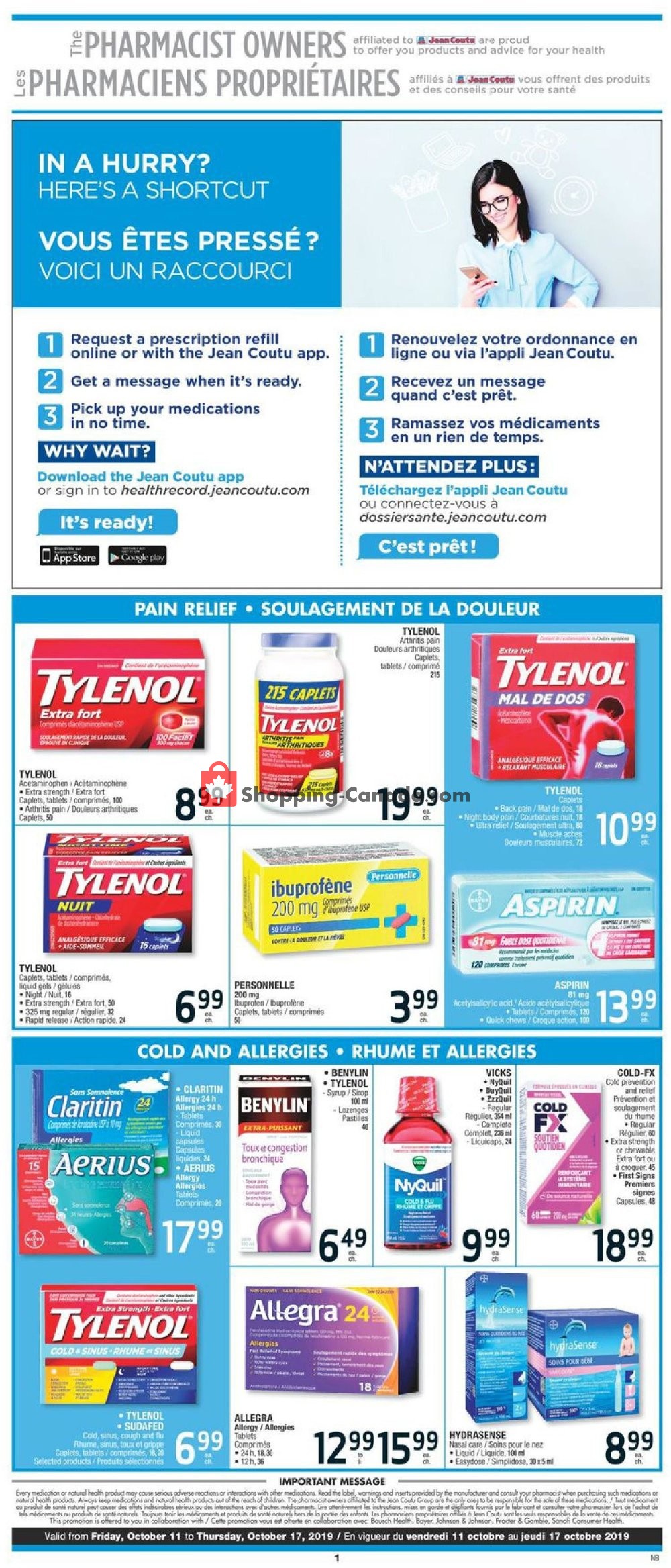 Jean Coutu Pharmacy flyer from Friday October 11, 2019 to Thursday October 17, 2019 - page 1