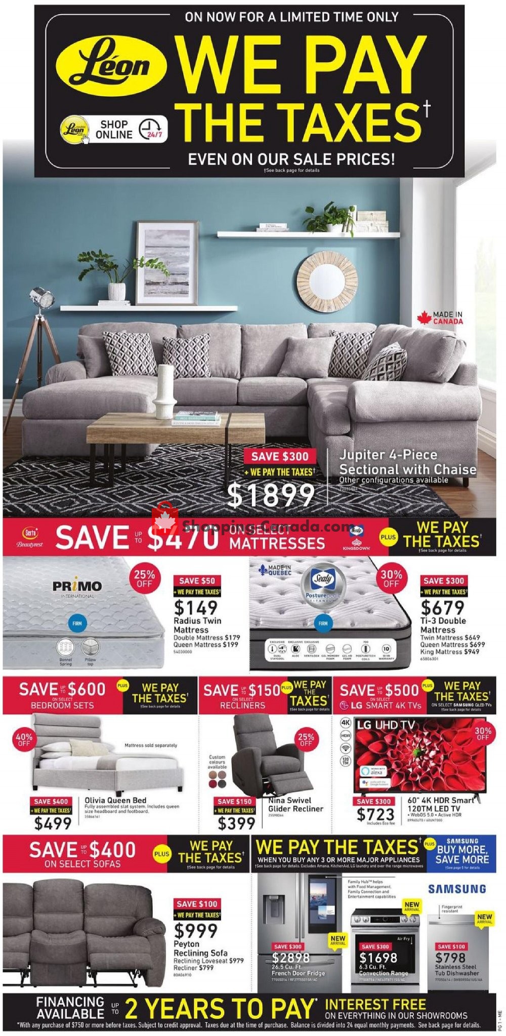 Leon's Furniture Canada, flyer (We Pay The Taxes QC) October 1 October 14, 2020