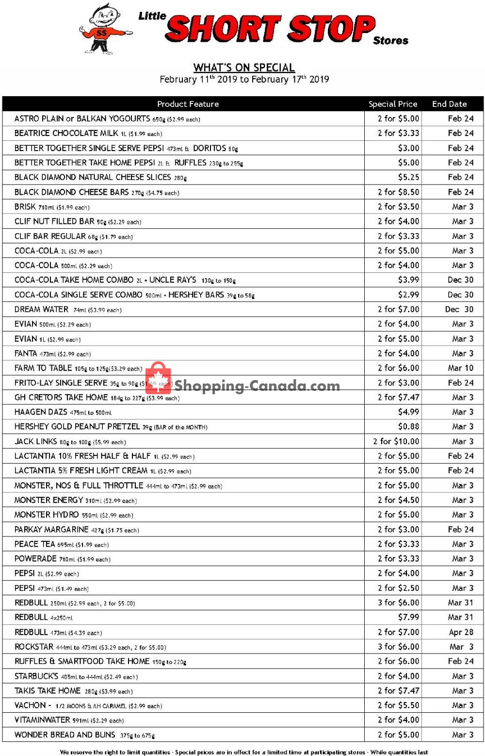 Little Short Stop Stores flyer from Monday February 11, 2019 to Sunday February 17, 2019 - page 1