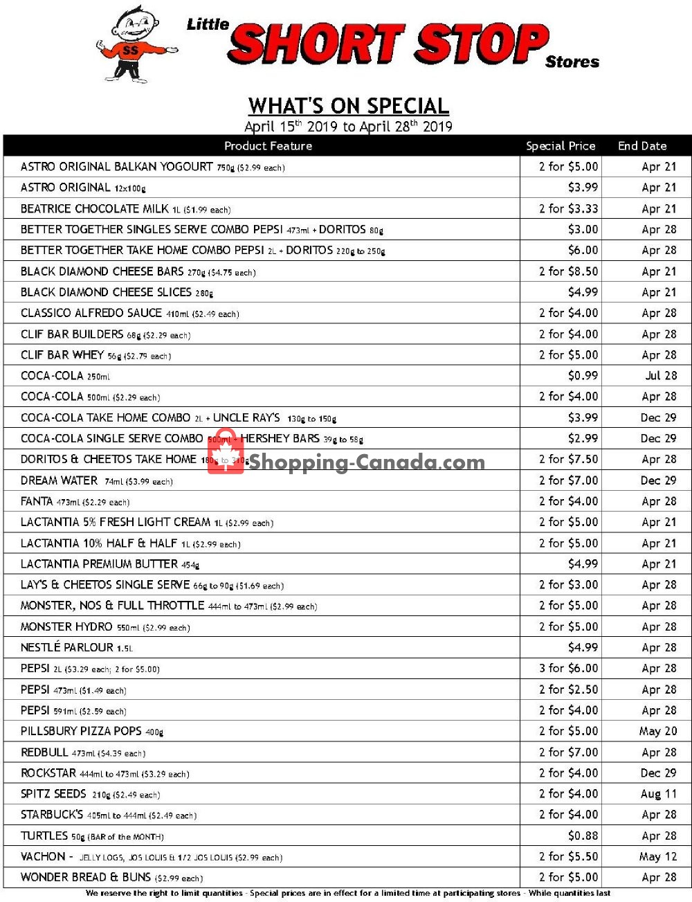 Little Short Stop Stores flyer from Monday April 15, 2019 to Sunday April 28, 2019 - page 1