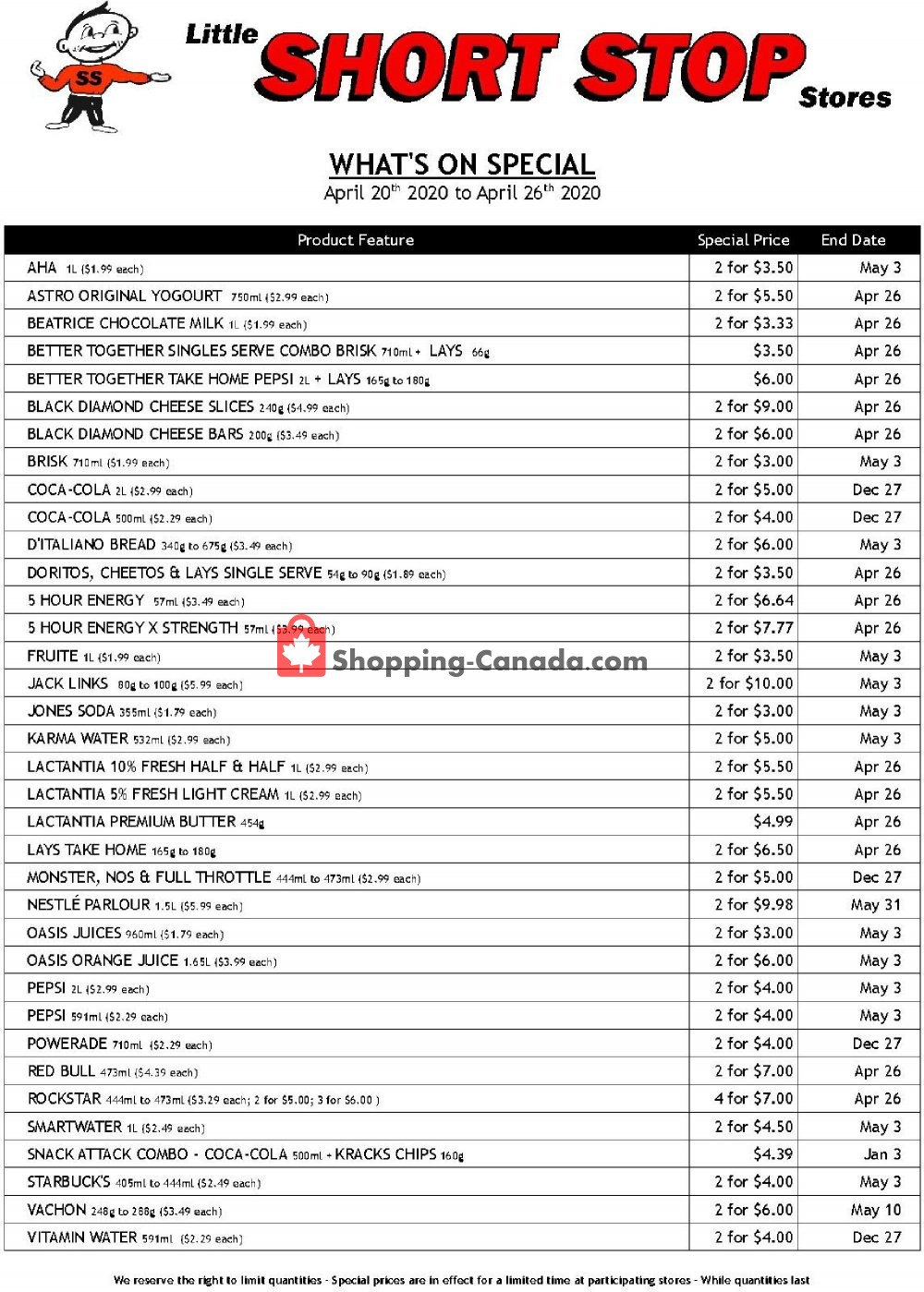 Little Short Stop Stores flyer from Monday April 20, 2020 to Sunday April 26, 2020 - page 1