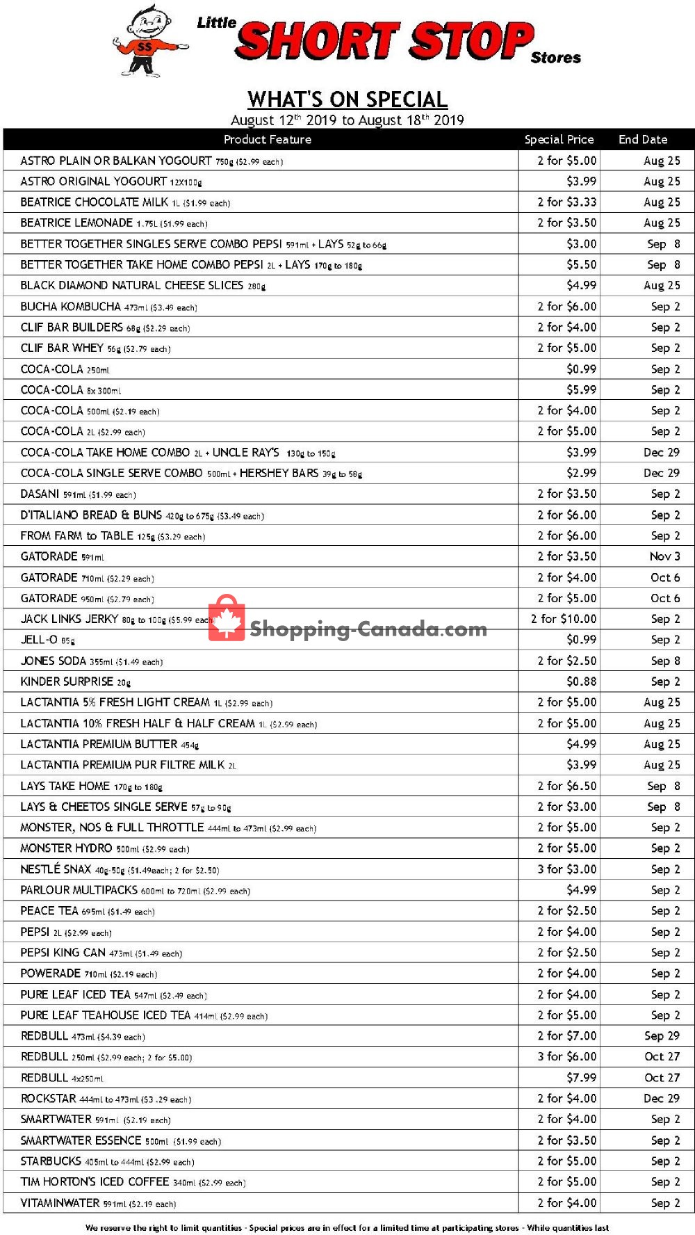 Little Short Stop Stores flyer from Monday August 12, 2019 to Sunday August 18, 2019 - page 1