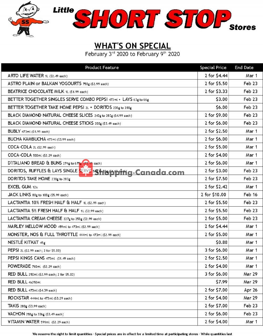Little Short Stop Stores flyer from Monday February 3, 2020 to Sunday February 9, 2020 - page 1