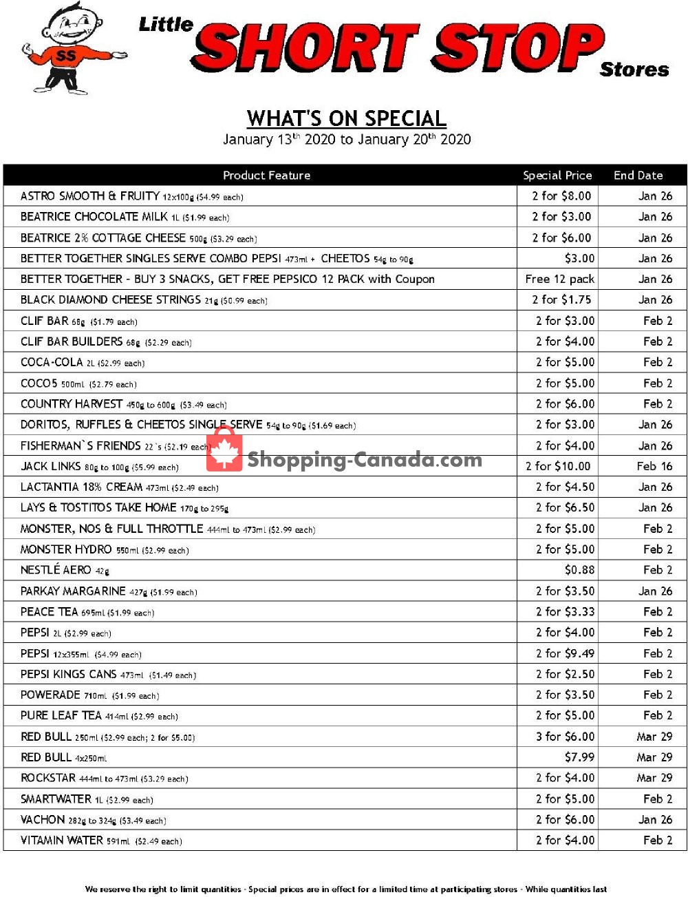 Little Short Stop Stores flyer from Monday January 13, 2020 to Monday January 20, 2020 - page 1