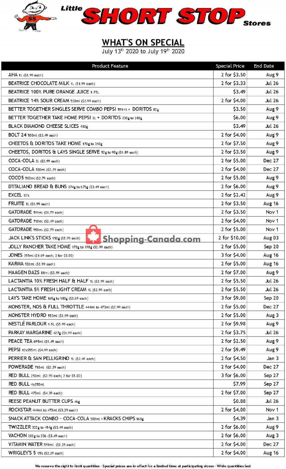 Little Short Stop Stores flyer from Monday July 13, 2020 to Sunday July 19, 2020 - page 1