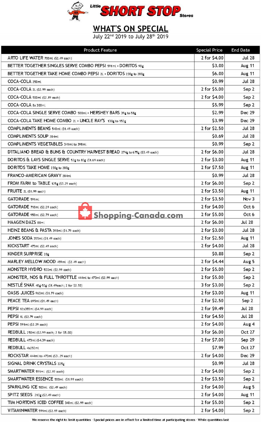 Little Short Stop Stores flyer from Monday July 22, 2019 to Sunday July 28, 2019 - page 1