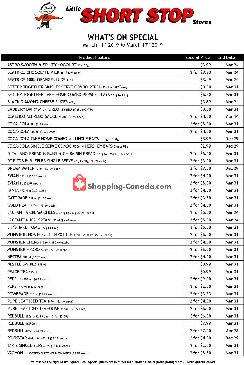 Little Short Stop Stores flyer from Monday March 11, 2019 to Sunday March 17, 2019 - page 1