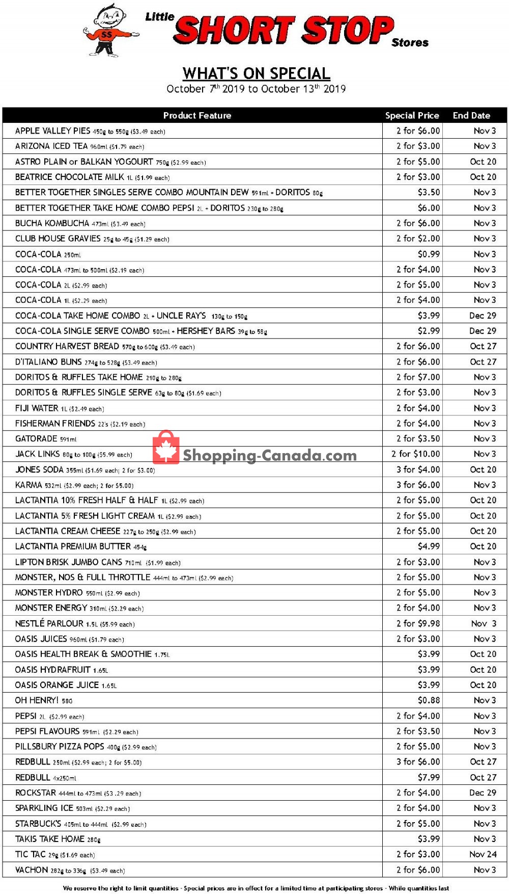Little Short Stop Stores flyer from Monday October 7, 2019 to Sunday October 13, 2019 - page 1
