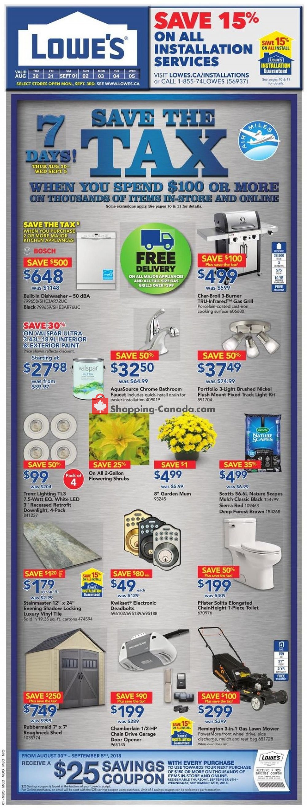 Lowe's Canada, flyer August 30 September 5, 2018 Shopping Canada