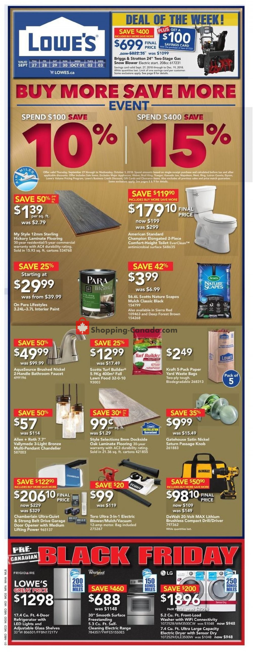 Lowe's flyer from Thursday September 27, 2018 to Wednesday October 3, 2018 - page 1