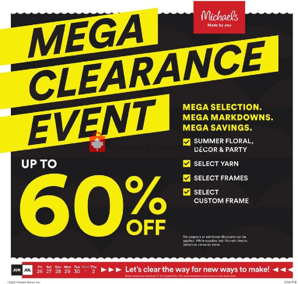 Michaels Canada, flyer (Mega Clearance Event) June 26 July 2, 2020