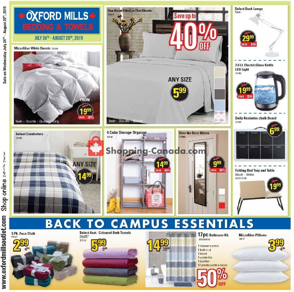 Oxford Mills Bedding & Towels flyer from Wednesday July 24, 2019 to Tuesday August 20, 2019 - page 1