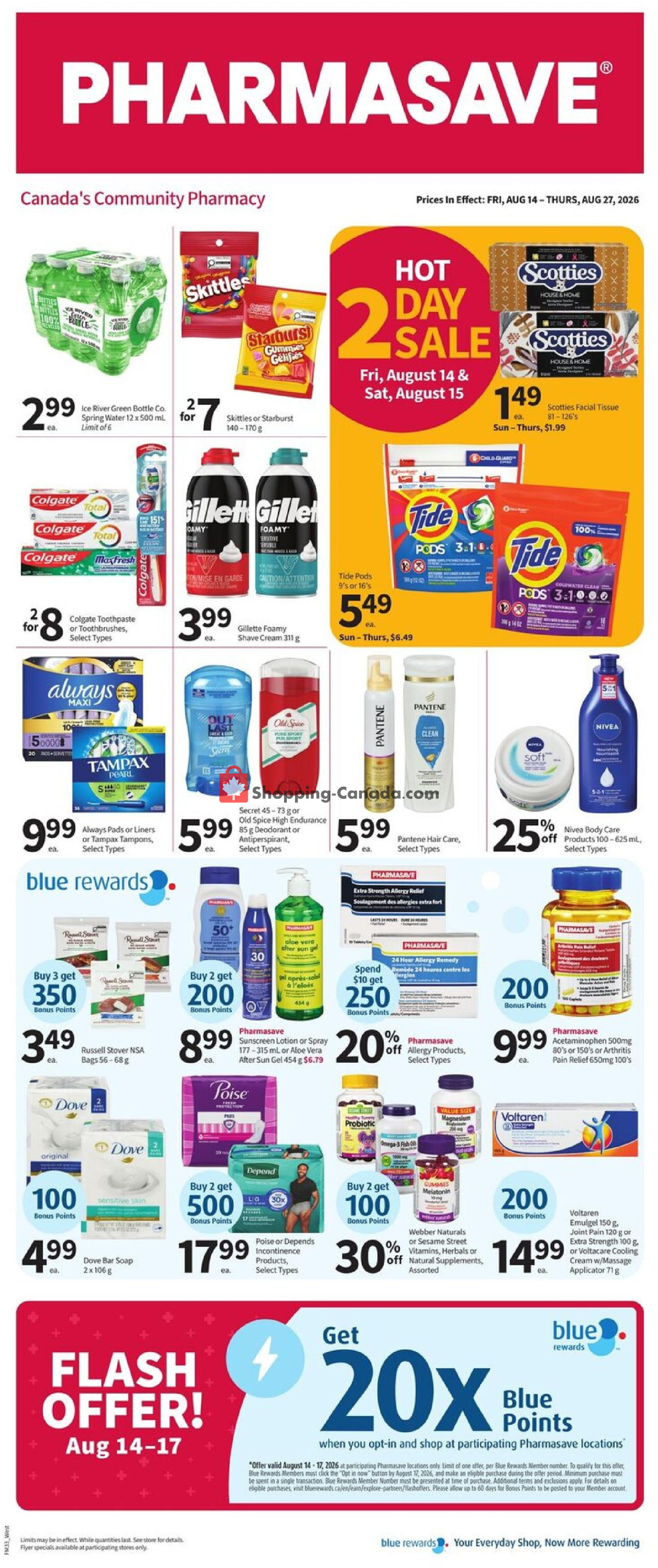 Pharmasave flyer from Friday August 14, 2026 to Thursday August 27, 2026 - page 1