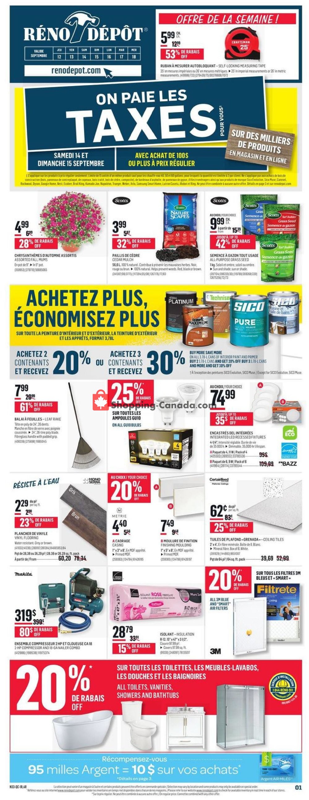 Réno Dépôt flyer from Thursday September 12, 2019 to Wednesday September 18, 2019 - page 1