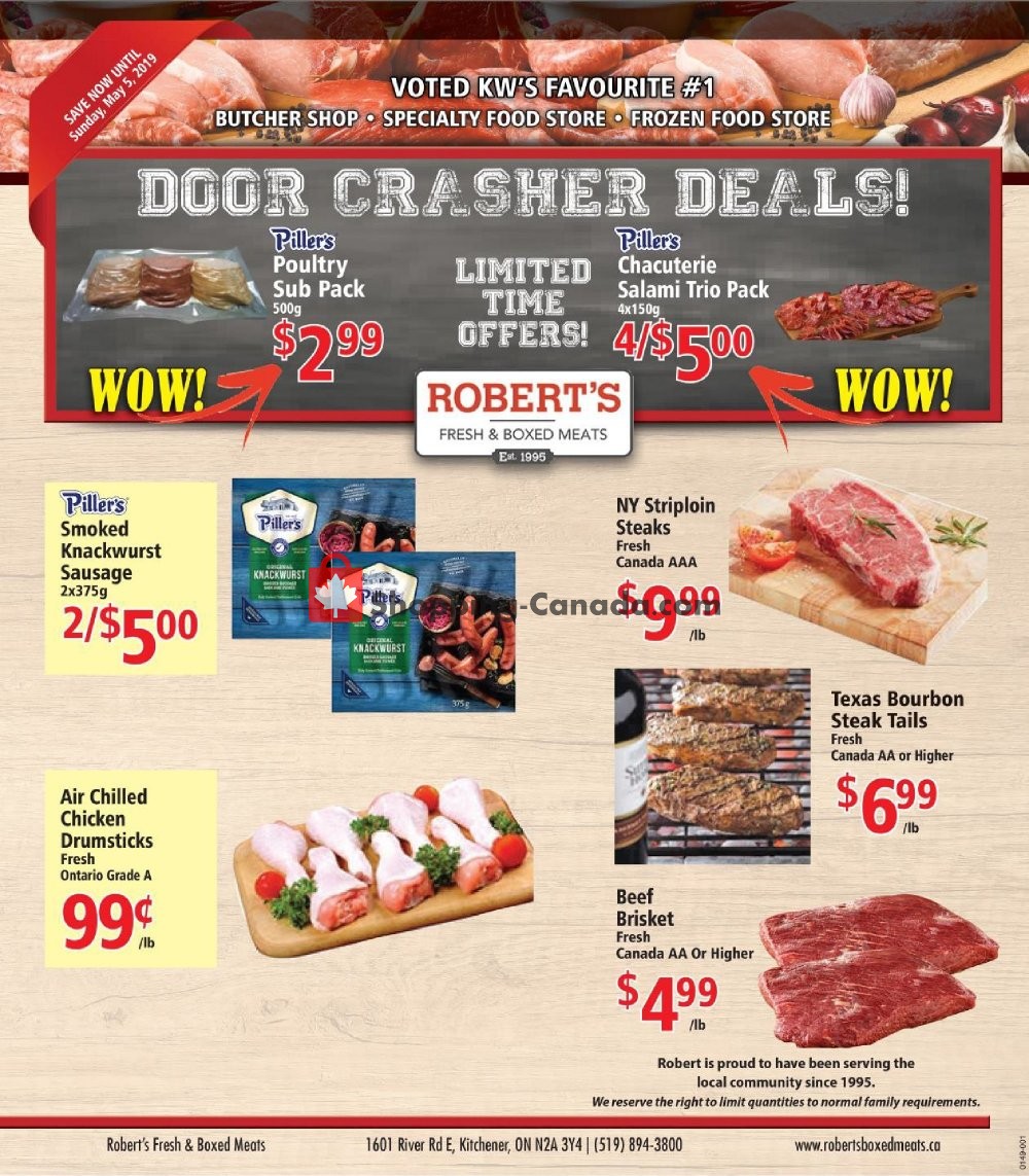 Robert's Fresh and Boxed Meats flyer from Thursday April 25, 2019 to Sunday May 5, 2019 - page 1
