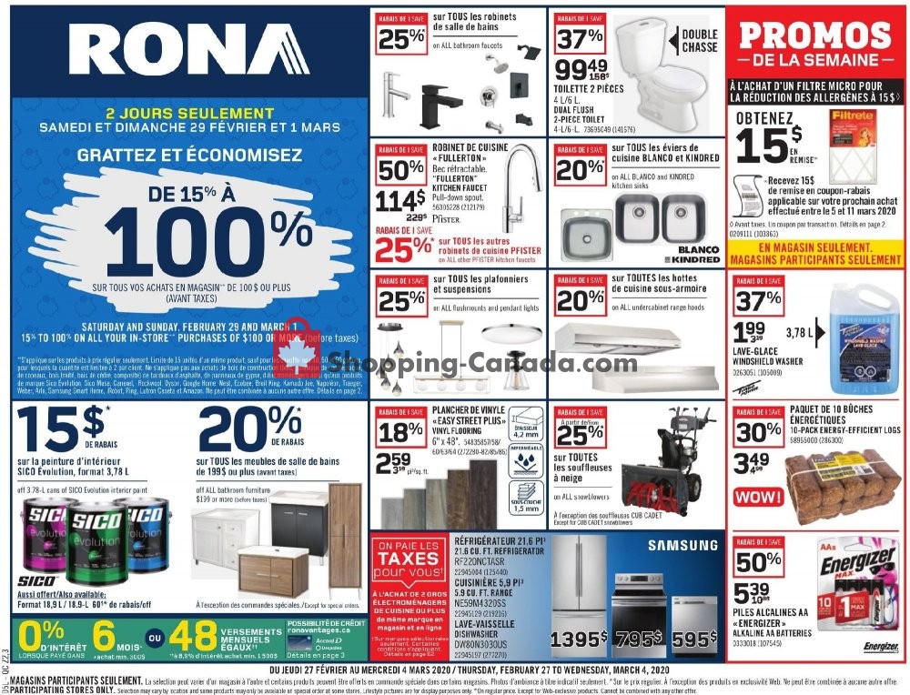 Rona Canada, flyer (Grattez Et Economisez QC) February 27 March