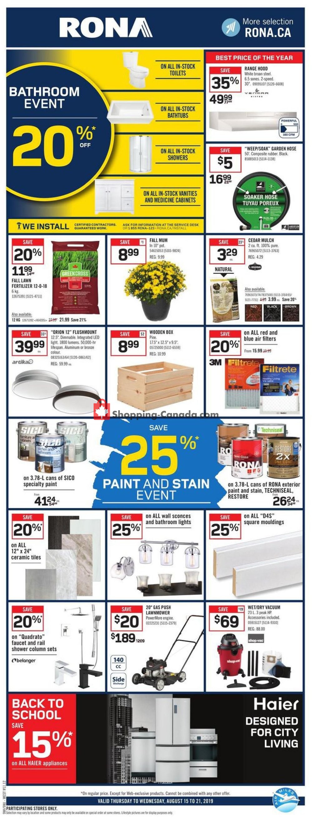 Rona flyer from Thursday August 15, 2019 to Wednesday August 21, 2019 - page 1