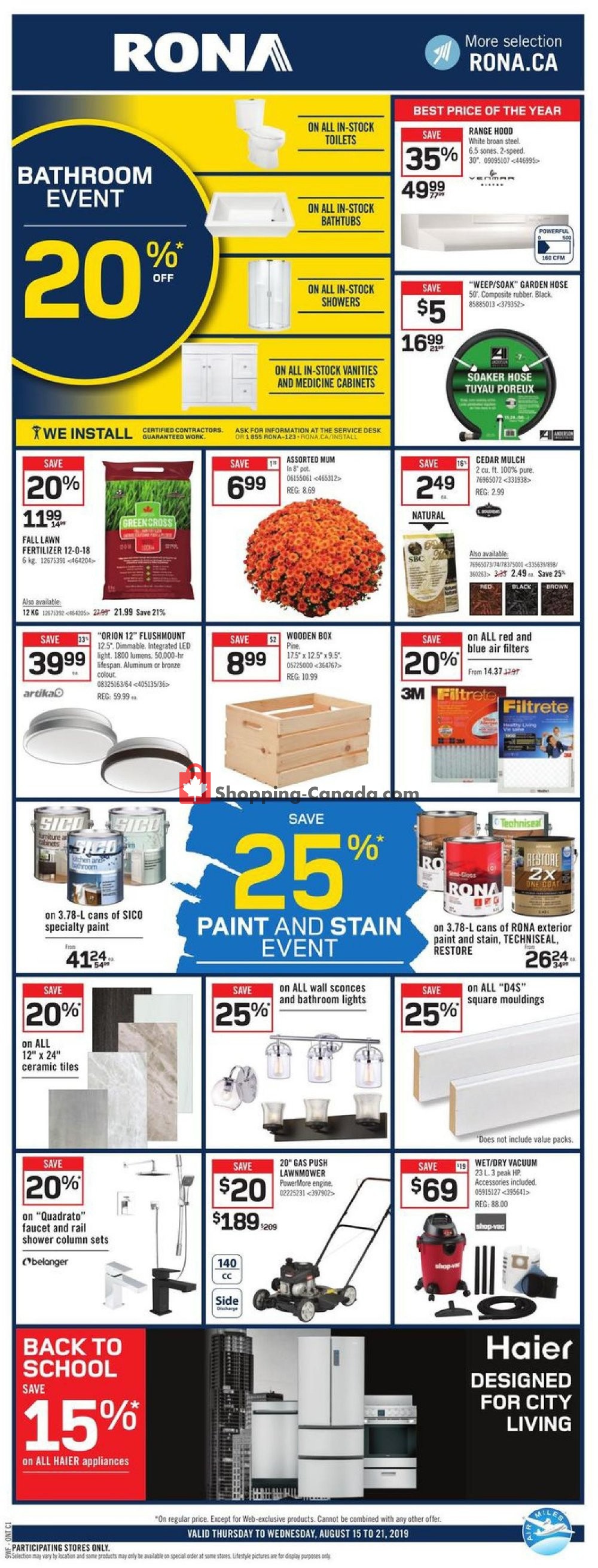 Rona flyer from Thursday August 15, 2019 to Wednesday August 21, 2019 - page 1