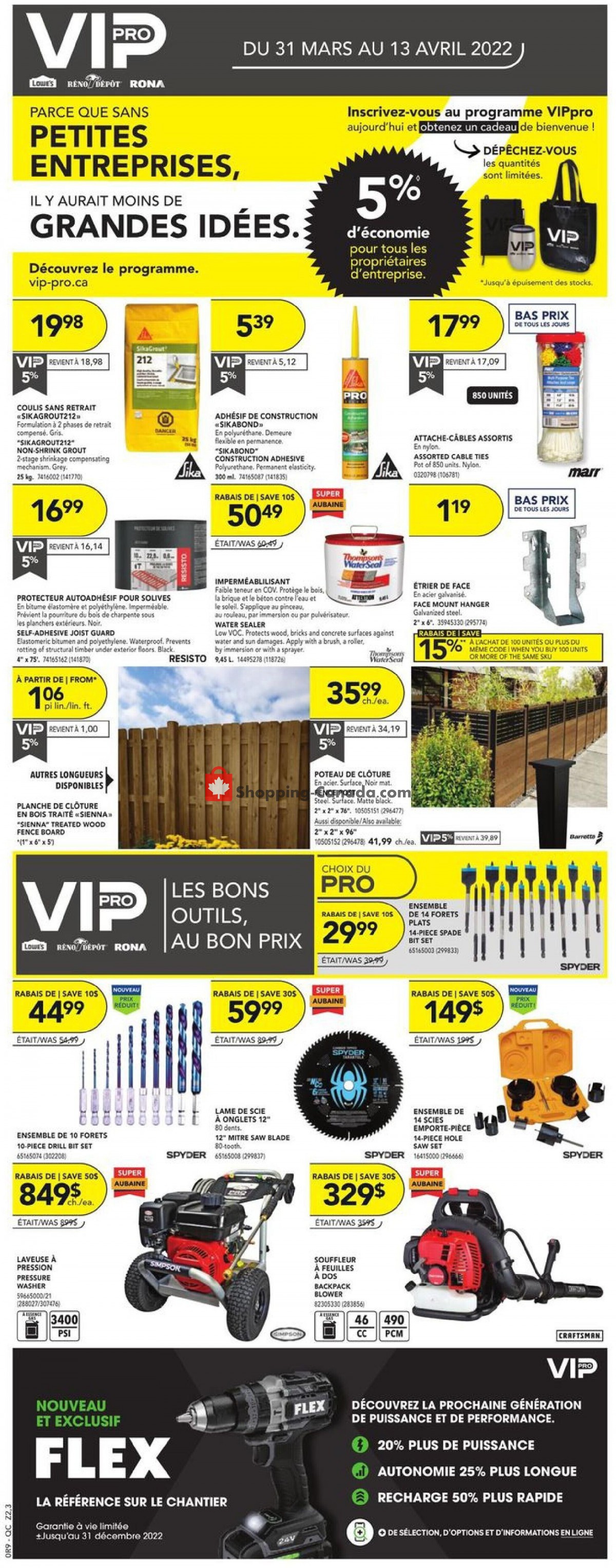Rona Canada, flyer (Special Offer QC) March 31 April 13, 2022