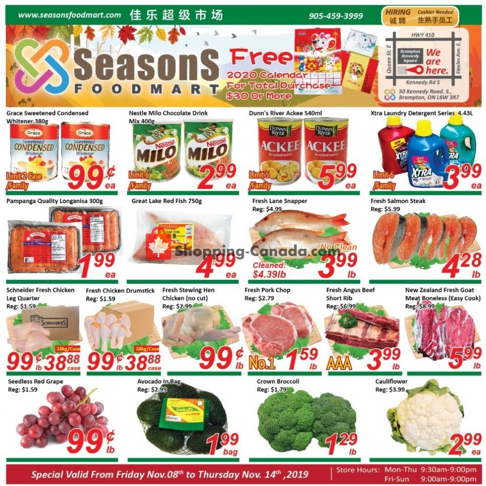 Seasons Food Mart flyer from Friday November 8, 2019 to Thursday November 14, 2019 - page 1