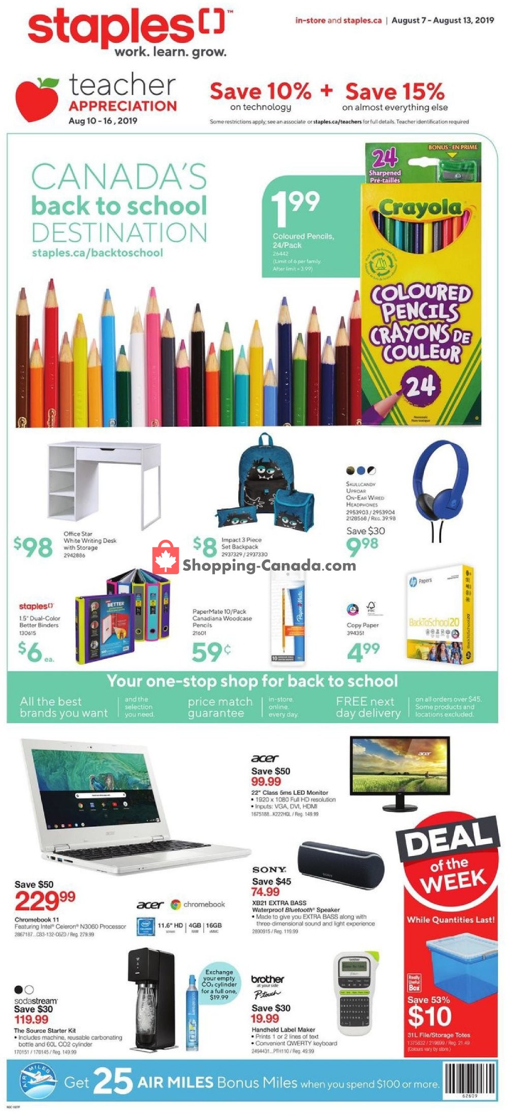 Staples flyer from Wednesday August 7, 2019 to Tuesday August 13, 2019 - page 1