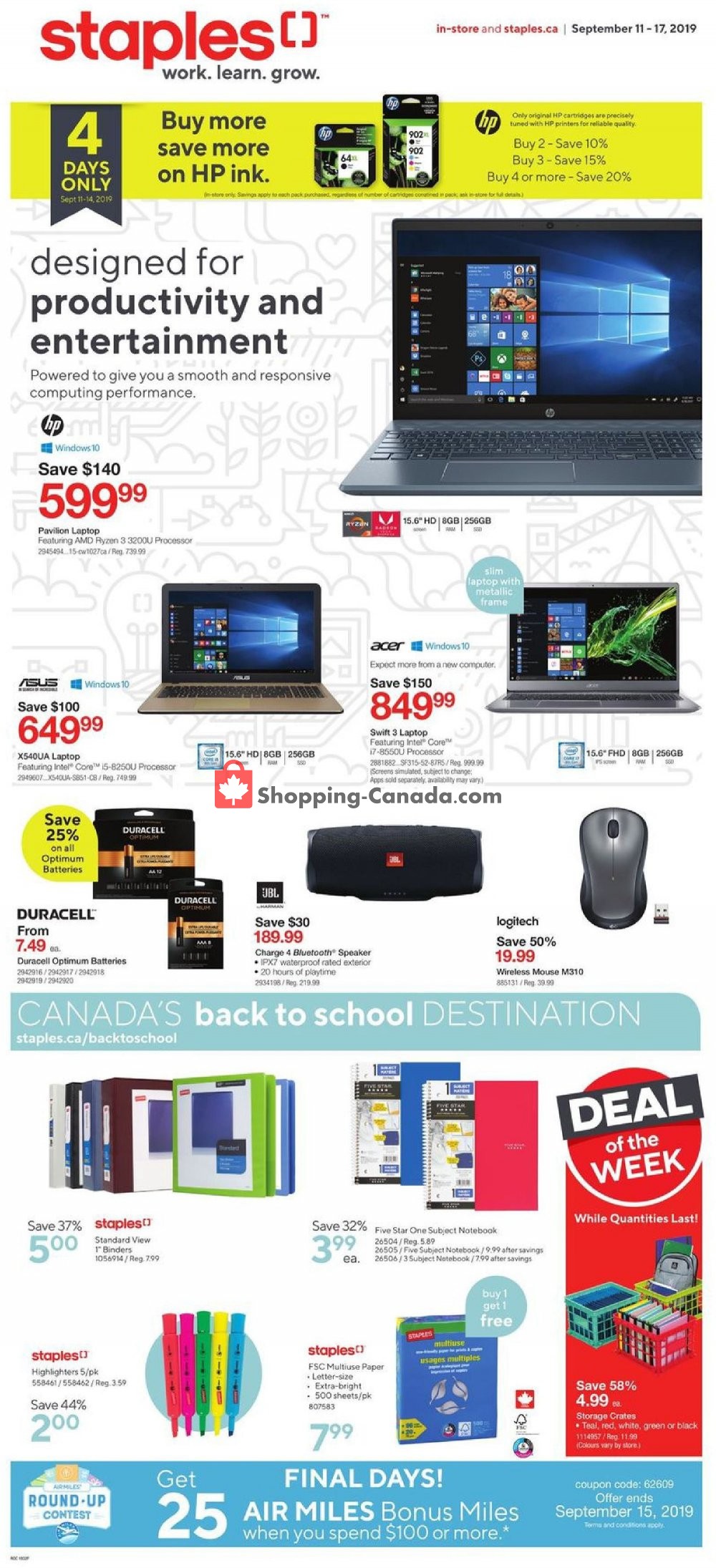 Staples flyer from Wednesday September 11, 2019 to Tuesday September 17, 2019 - page 1