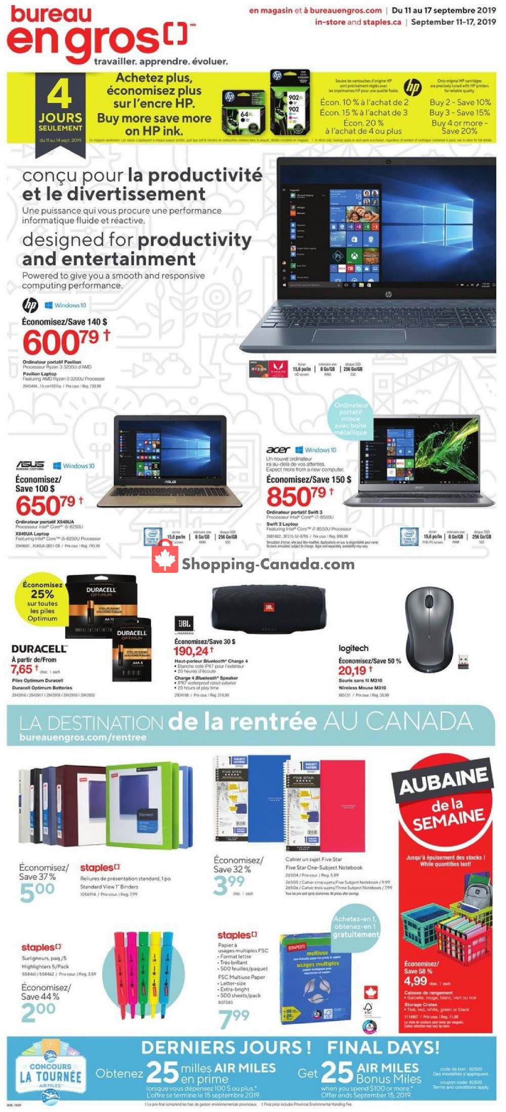 Staples flyer from Wednesday September 11, 2019 to Tuesday September 17, 2019 - page 1