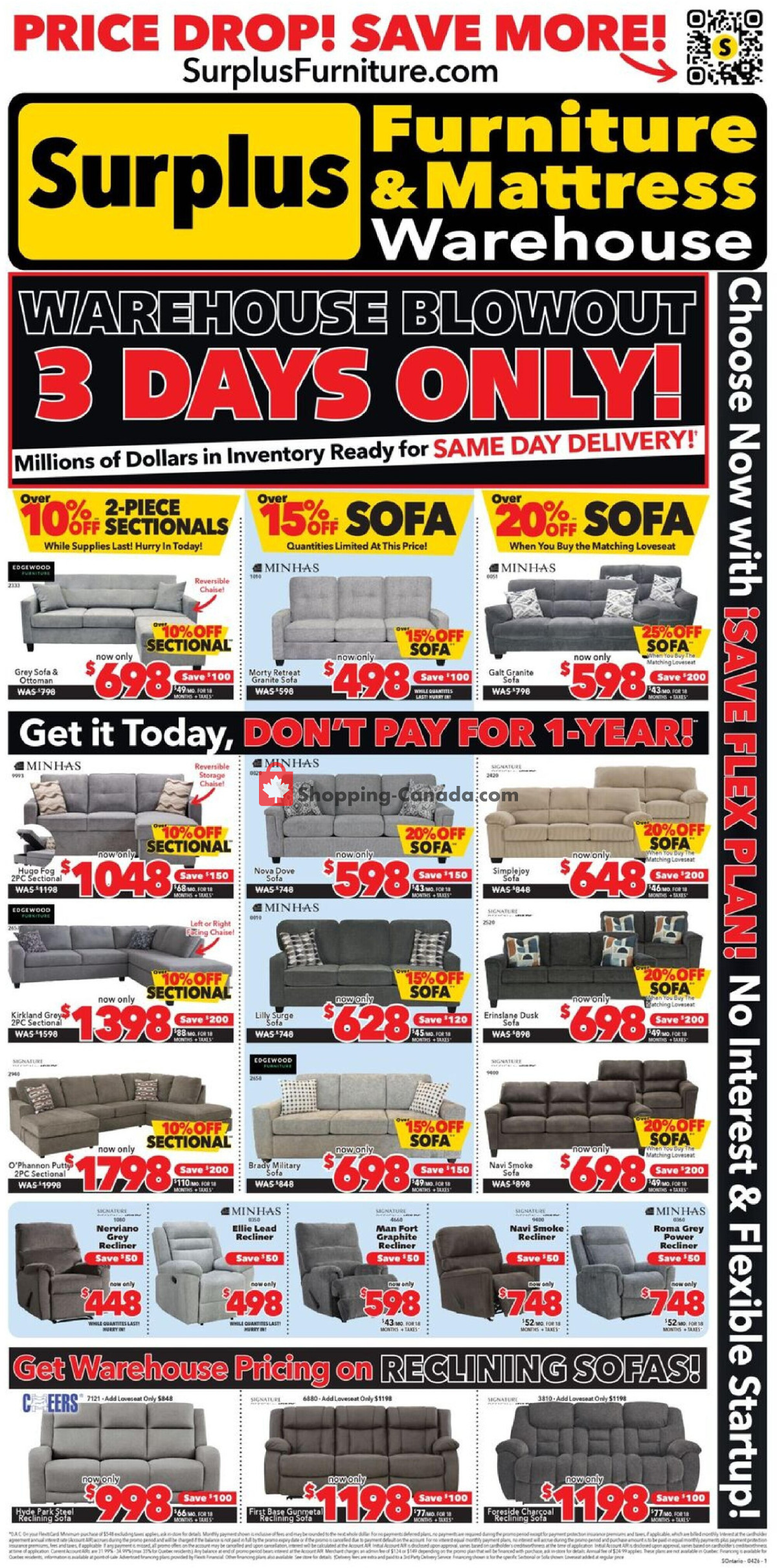 Surplus Furniture And Mattress Store flyer from Monday April 20, 2026 to Sunday April 26, 2026 - page 1