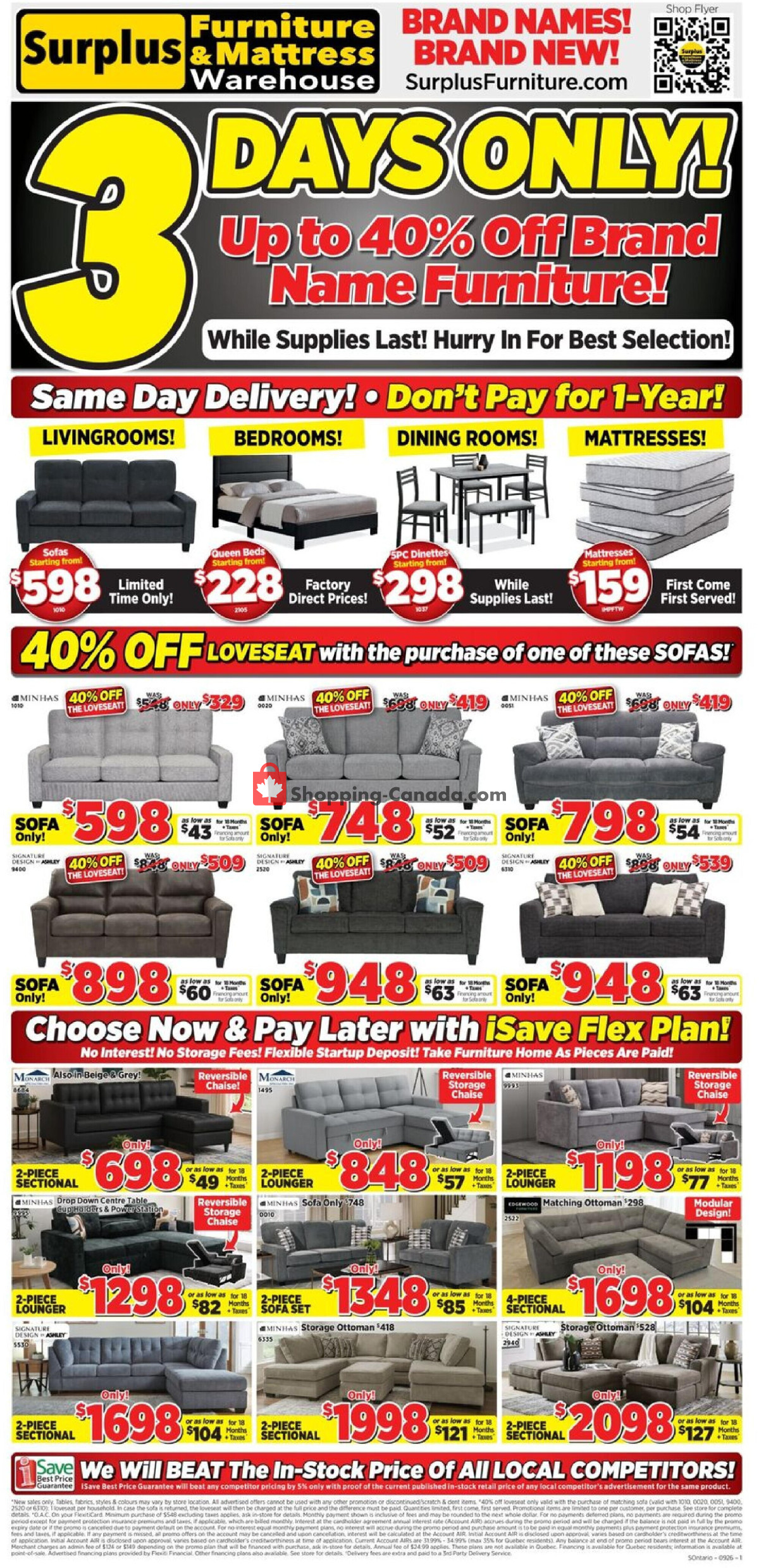 Surplus Furniture And Mattress Store flyer from Monday August 24, 2026 to Sunday August 30, 2026 - page 1