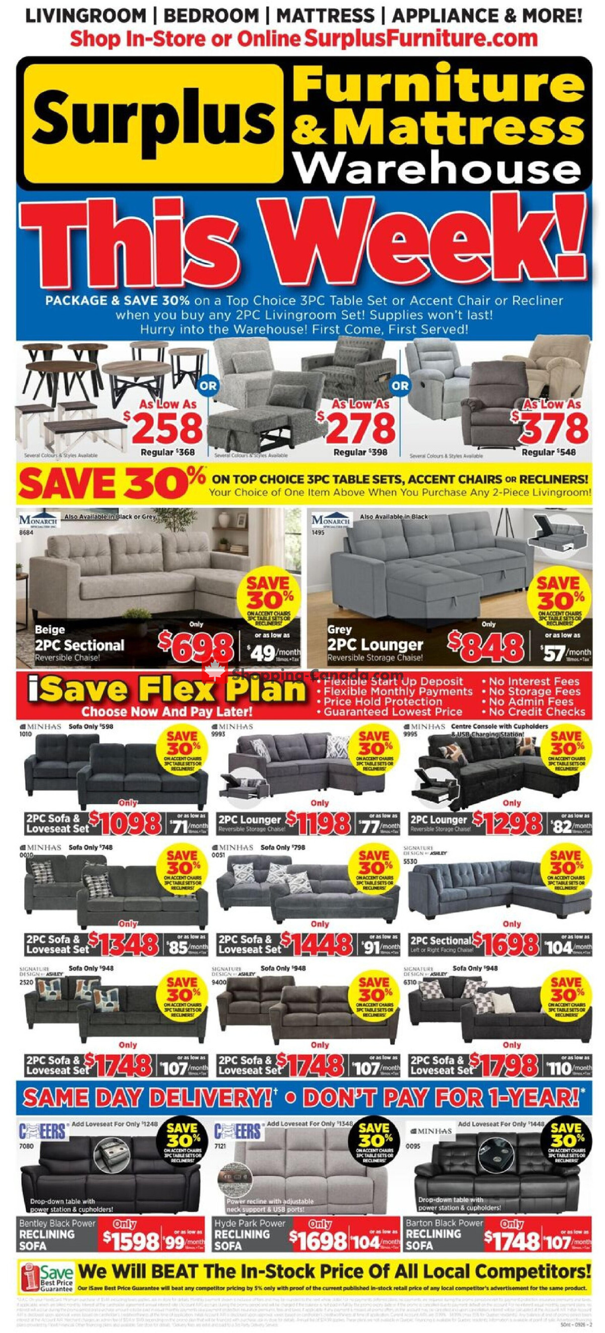 Surplus Furniture And Mattress Store flyer from Monday August 31, 2026 to Sunday September 6, 2026 - page 1